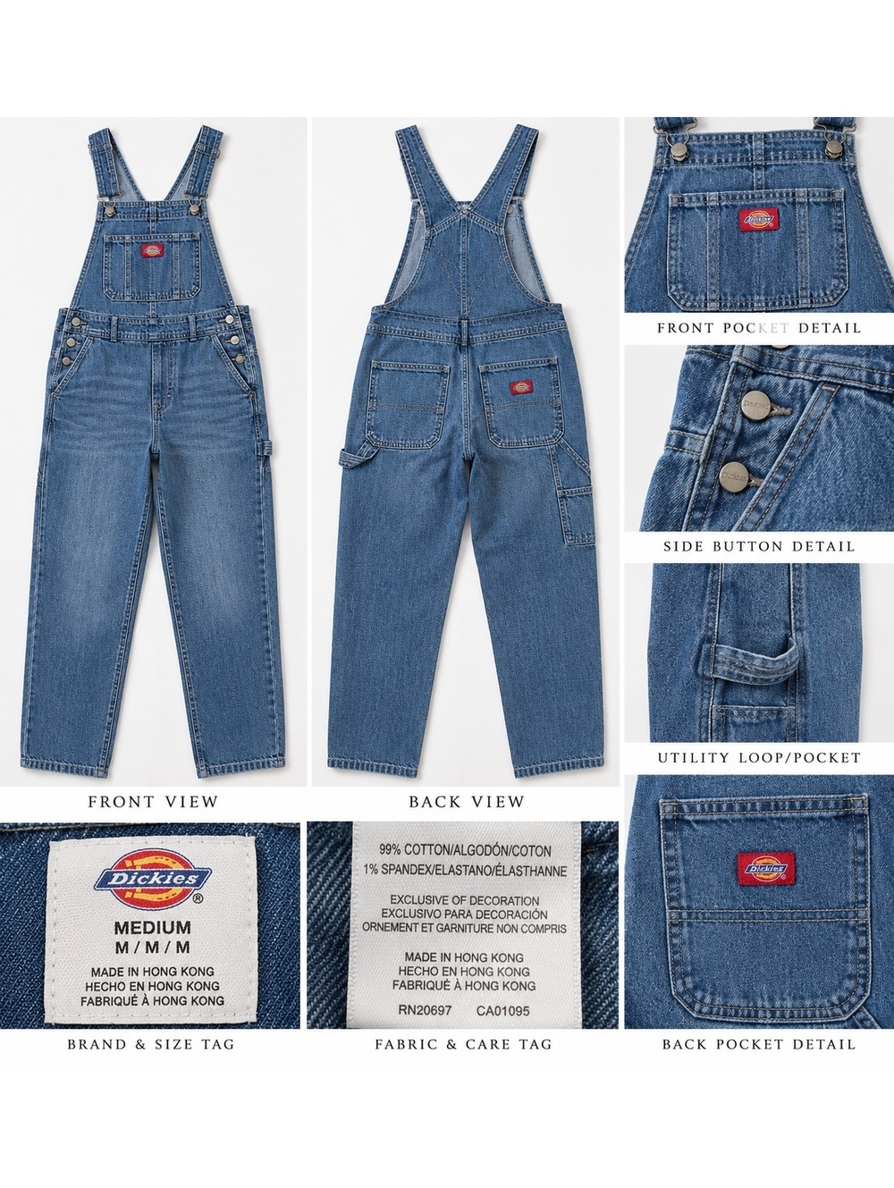Dickies Women's Medium Denim Boyfriend Fit Bib Overalls Blue Stretch Workwear